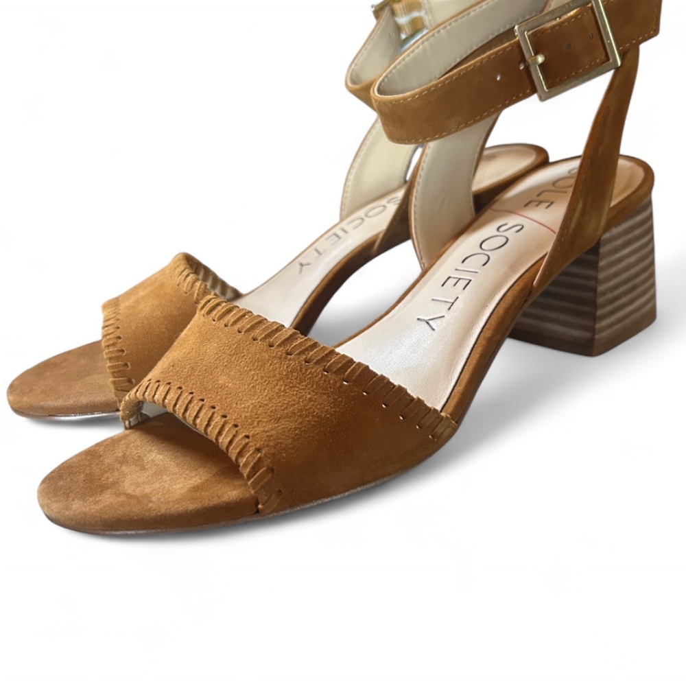 Sole Society Cognac Suede Block Heel Sandals